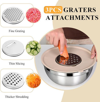 20-Piece Mixing Bowls Set with Airtight Lids – 6 Stainless Steel Kitchen Bowls (4.5QT, 4QT, 3.5QT, 2.1QT, 1.5QT, 1.1QT), 3 Grater Attachments, Non-Slip Silicone Bottoms, Perfect for Baking & Serving