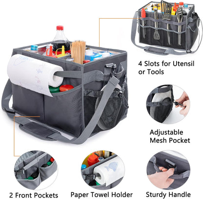 FREECOLSH Black Waterproof Caddy, 16" x 11" x 11", with Detachable Strap and Shoulder Pad for Carrying Utensils and Camping Supplies