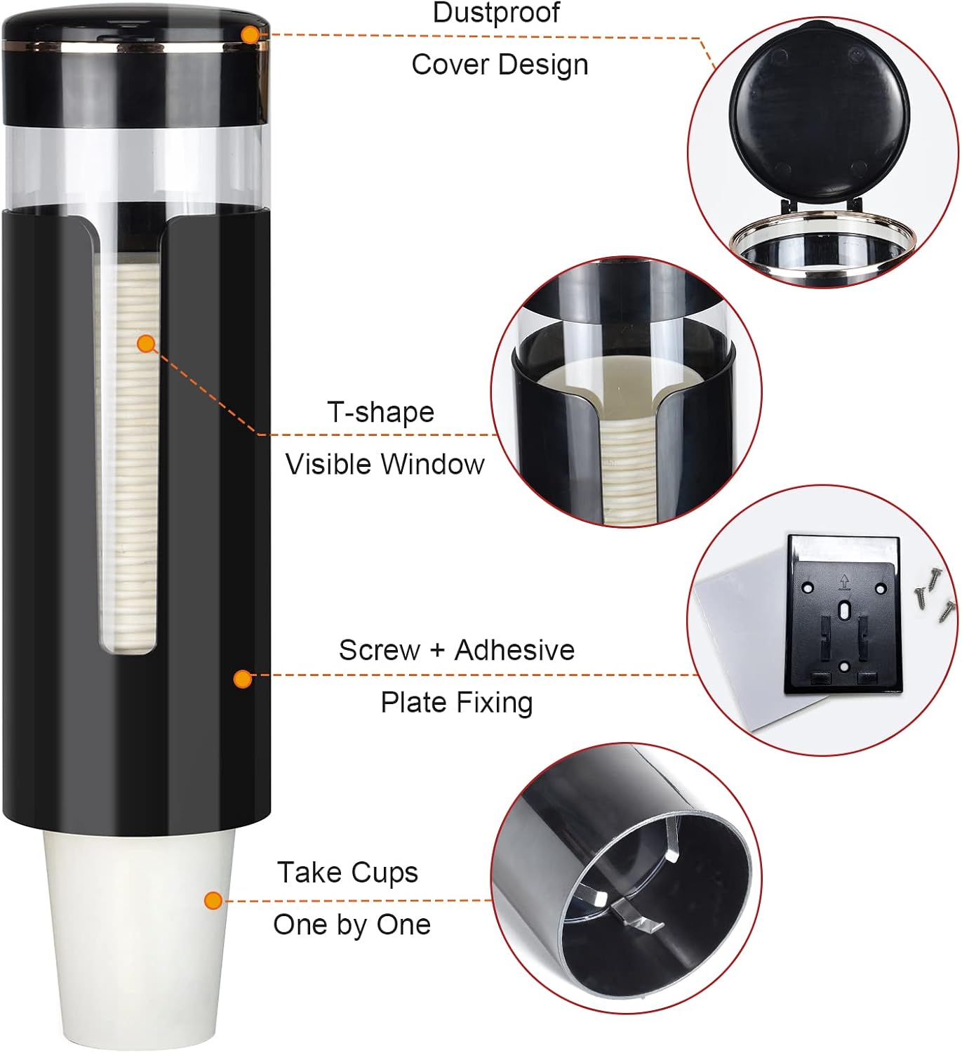 Cup Dispenser, Pull Type Water Cooler Cup Holder Fit 4oz-7oz Disposable Cups, Upgraded Wall Mounted Mouthwash Cup Dispenser for Bathroom Office Gym School -Black