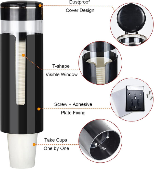 Cup Dispenser, Pull Type Water Cooler Cup Holder Fit 4oz-7oz Disposable Cups, Upgraded Wall Mounted Mouthwash Cup Dispenser for Bathroom Office Gym School -Black