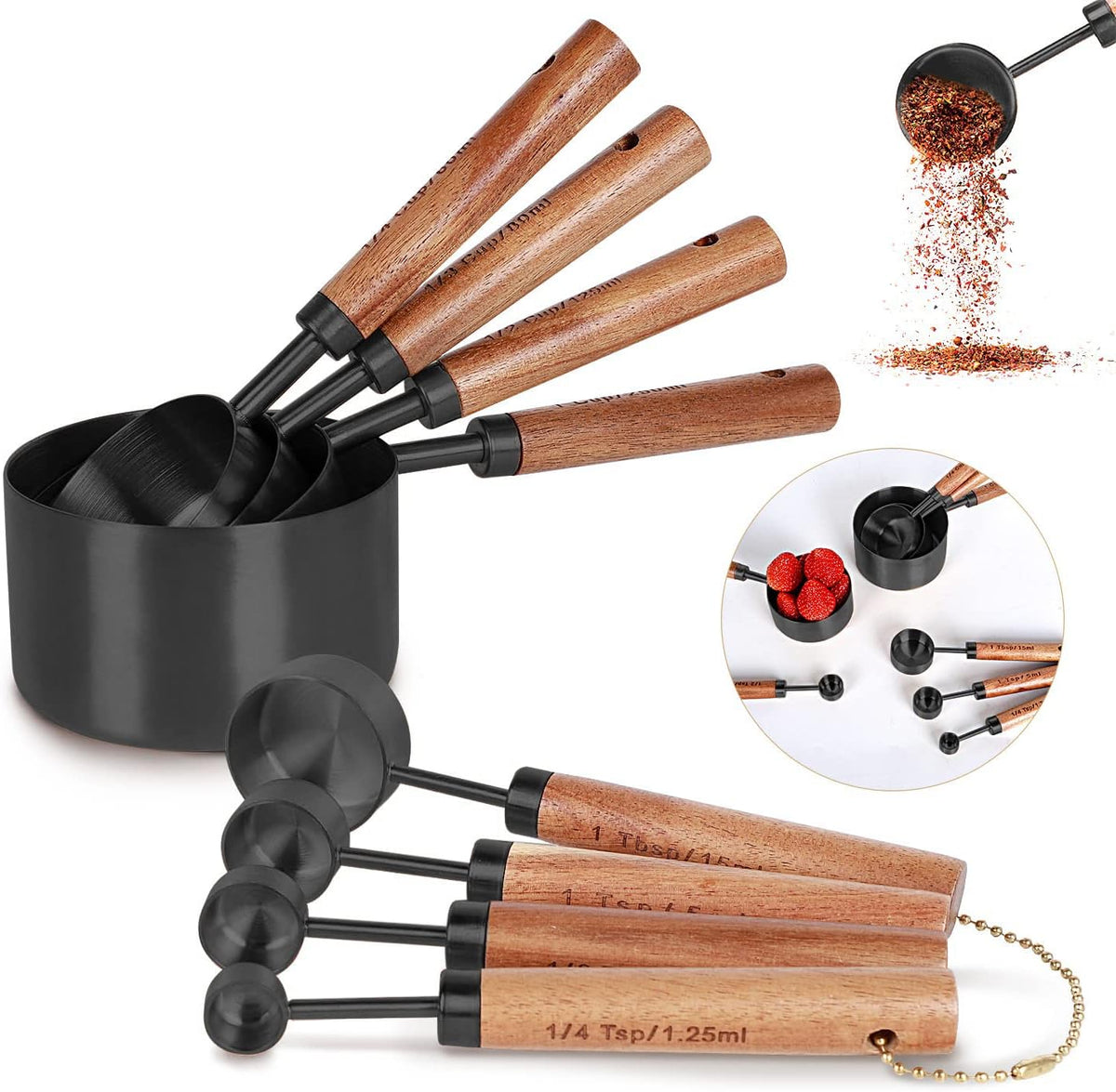 Collection 8 Piece Gold Measuring Cups Set and Measuring Spoons, Golden With fragrant wood Handles-Complete Set of Measure Cups and Spoons For Cooking and Baking.…