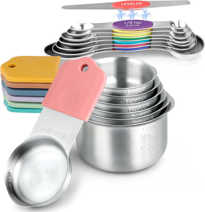 Magnetic Measuring Cups and Spoons Set, Strong N52 Magnets, Heavy Duty 304 Stainless Steel Fits in Spice Jars for Baking & Cooking, BPA Free, Round Set of 15 with Leveler Black