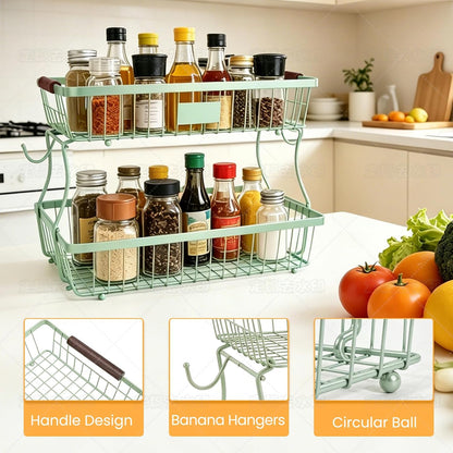 2-Tier Stackable Wire Basket with 2 Banana Hooks, Pantry Organizer for Kitchen Countertops, Cabinets & Under-Sink Spaces; Ideal for Storing Snacks, Fruits, Veggies, Onions, Potatoes, & More,Black