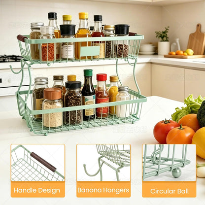 2-Tier Stackable Wire Basket with 2 Banana Hooks, Pantry Organizer for Kitchen Countertops, Cabinets & Under-Sink Spaces; Ideal for Storing Snacks, Fruits, Veggies, Onions, Potatoes, & More,Black