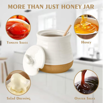 HASENSE Ceramic Honey Pot with Lid, 12 Ounce HoneyJar with Wooden Dipper, Honey Dipper Stick and Jar Set, Cute Small Container for Christmas Thanksgiving Gift, Dishwasher Safe, Blue