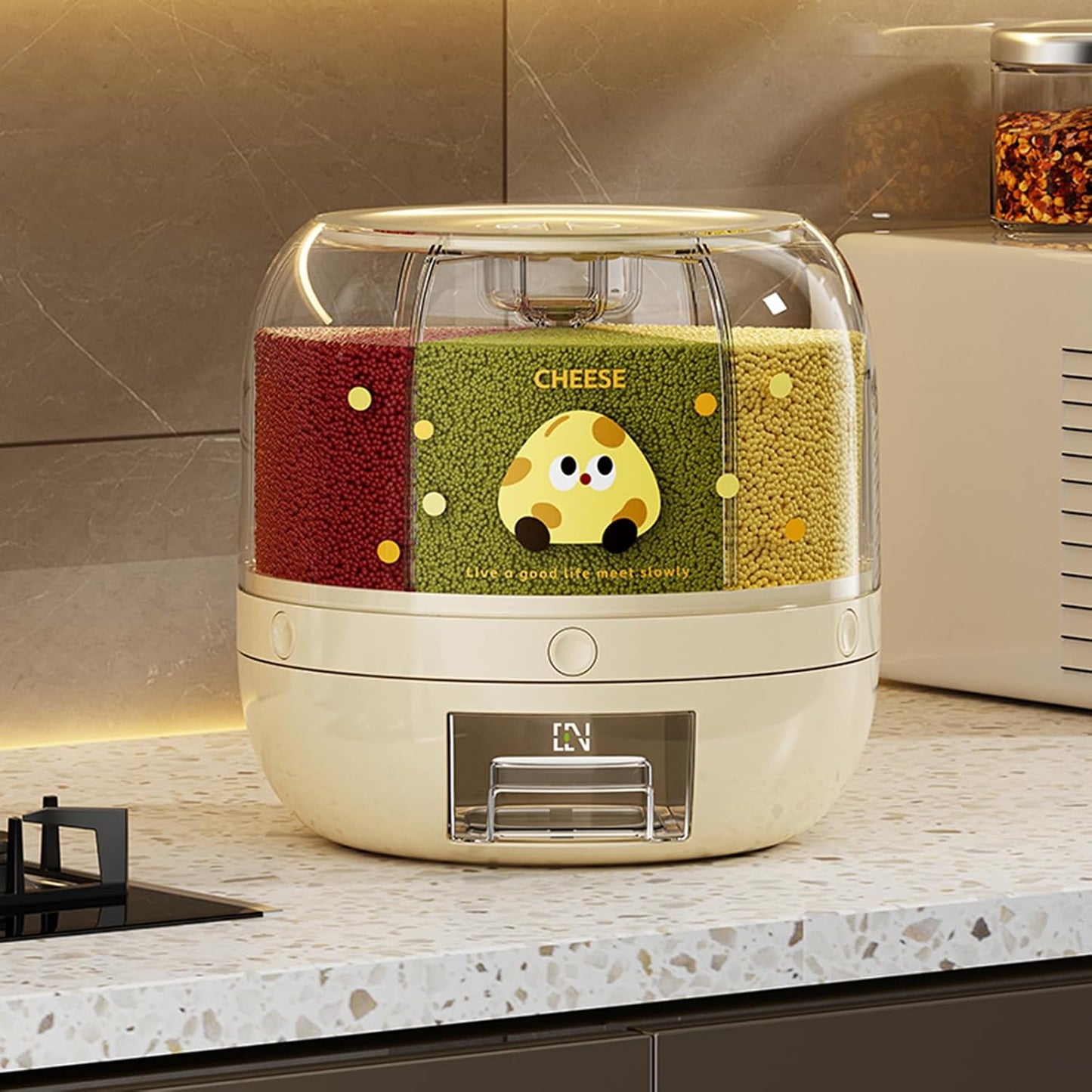 UFORU Rice Dispenser | 360° Rotating Grain Storage Bin - 6 Grids, 20LBS Large Capacity Food Container, Moisture-Proof, One-Click Output for Rice, Beans & Pet Food - Kitchen Pantry Organizer