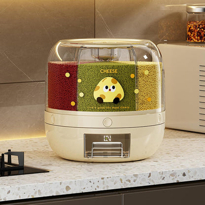 UFORU Rice Dispenser | 360° Rotating Grain Storage Bin - 6 Grids, 20LBS Large Capacity Food Container, Moisture-Proof, One-Click Output for Rice, Beans & Pet Food - Kitchen Pantry Organizer