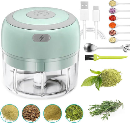 Electric Herb Grinder with Mini Scoop & Brush - 3.5-Inch 3.4oz USB Cordless, Adjustable Coarse to Fine Grind for Spices/Garlic/Herbs - Waterproof Portable Food Chopper (Green)