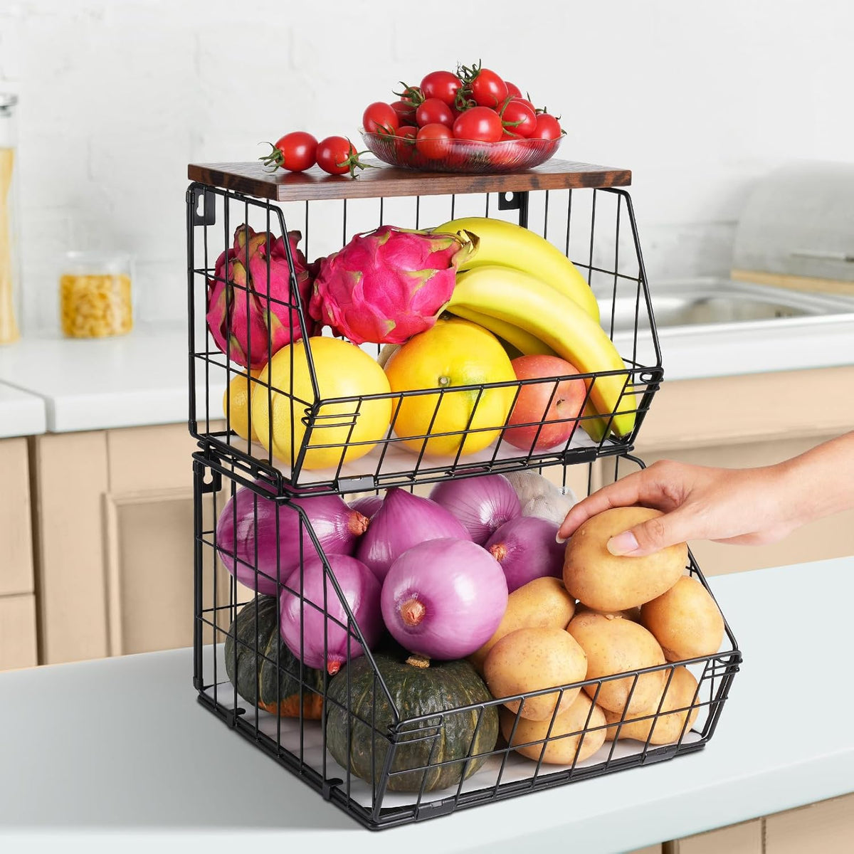 White Fruit Bowl Wire Basket Storage Pantry Fruit and Vegetable Storage Fruit Basket for Kitchen Counter Stackable Wall Mounted Hanging Basket Wire Basket with Wood Lid with Hanger Hooks