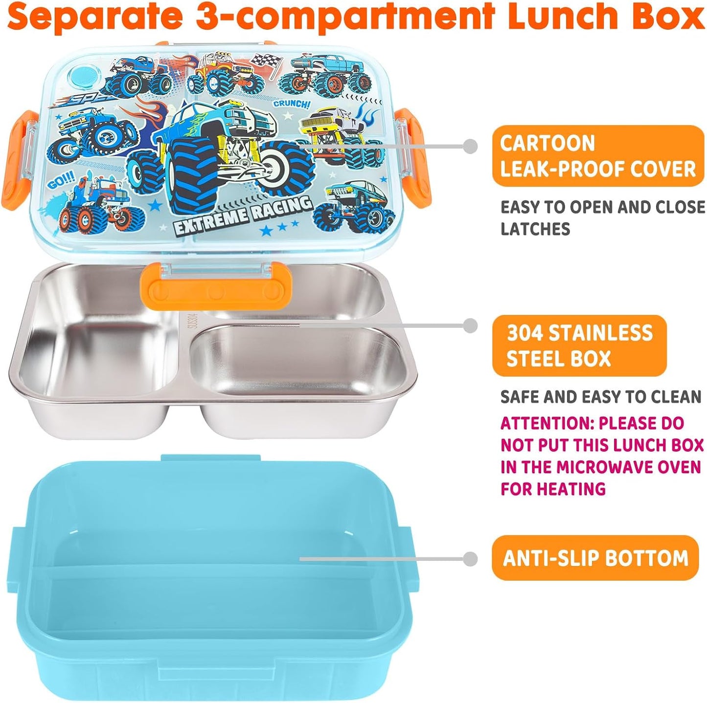 Stainless Steel Bento Lunch Box for Kids, 800ml/27oz BPA-Free Leak-Proof Food Containers with 3 Compartments, Freezer & Dishwasher Safe, Back to School Students Lunches Size for Ages 3-7
