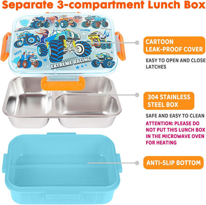 Stainless Steel Bento Lunch Box for Kids, 800ml/27oz BPA-Free Leak-Proof Food Containers with 3 Compartments, Freezer & Dishwasher Safe, Back to School Students Lunches Size for Ages 3-7