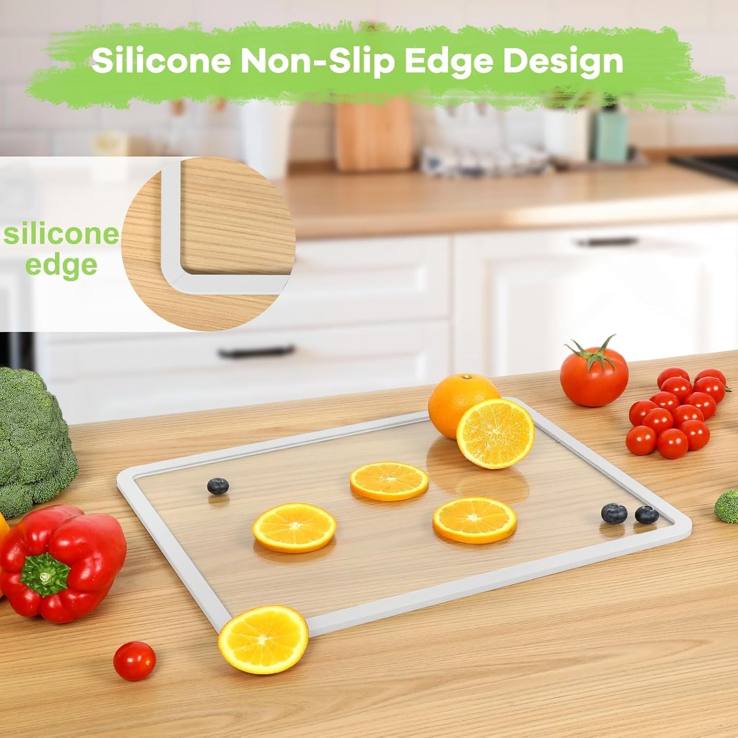 Cutting Board, Tempered Glass Cutting Board for Kitchen Counter, 2Pcs Chopping Board Set with Non-Slip Silicone Edges, Heat Resistant, Dishwasher Safe, Kitchen Decoration