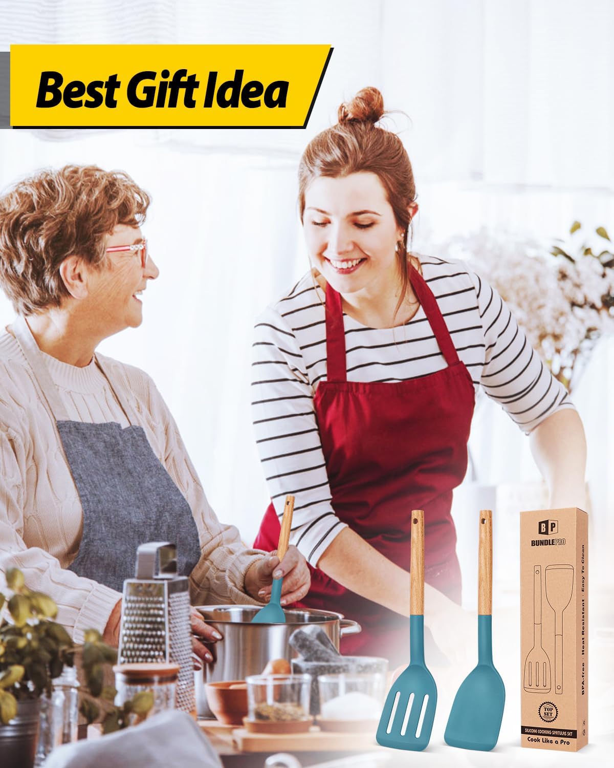 BUNDLEPRO Silicone Spatula, Solid & Slotted Turner, BPA-Free, 2 Pack, Black