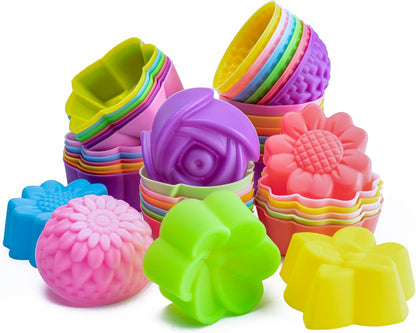 R HORSE 42Pcs Silicone Molds Cupcake 2 Inch Mini Size Reusable Muffins Liners Washable Non-Stick Donut Wrapper Mold Flower Shapes Baking Cups for Pan Oven Microwave Dishwasher