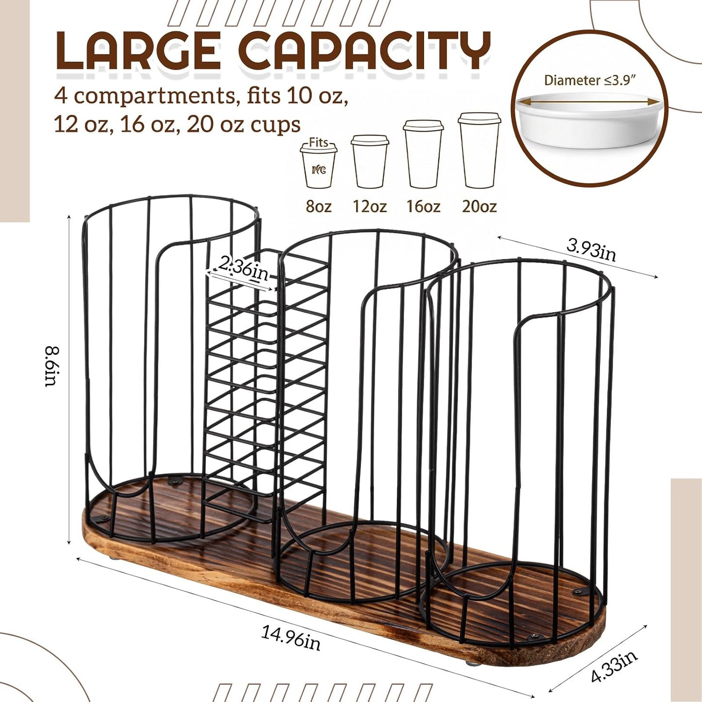 Geelin 18oz Adjustable Coffee Cup Dispenser with Wooden Base, Cup and Lid Holder, Cups Holder Organizer for Coffee Pod Straw and Lid Storage(2-compartment Single,Color 2)