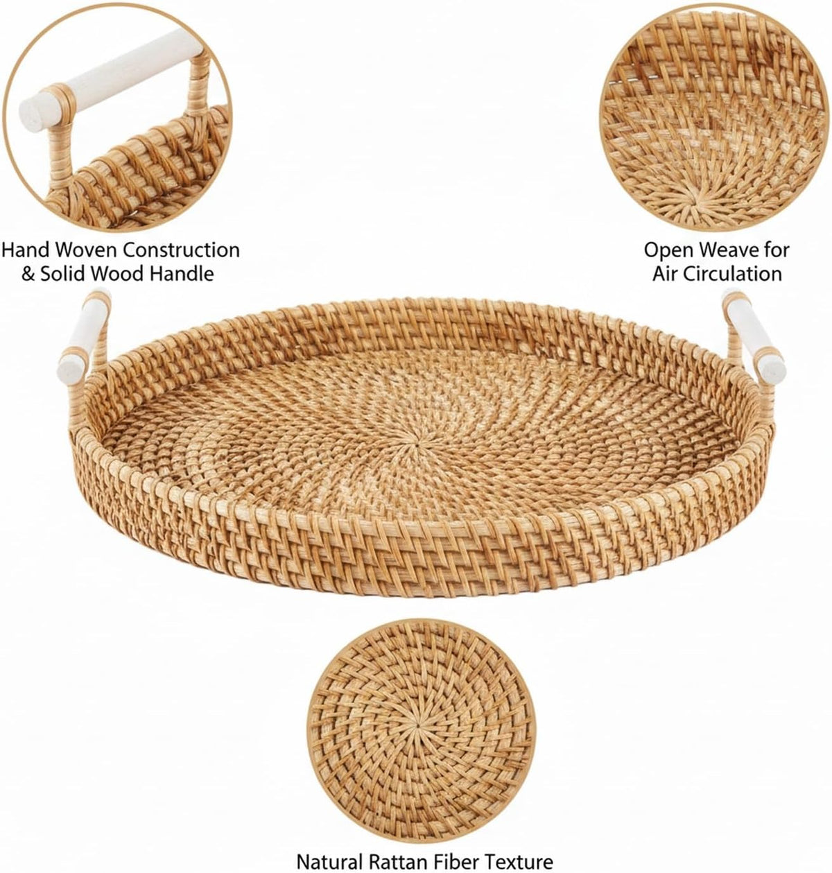 Hand Woven Rattan Basket with Wood Handle, Open Weave Storage Bin for Countertop Organization, Produce, and Home Decor