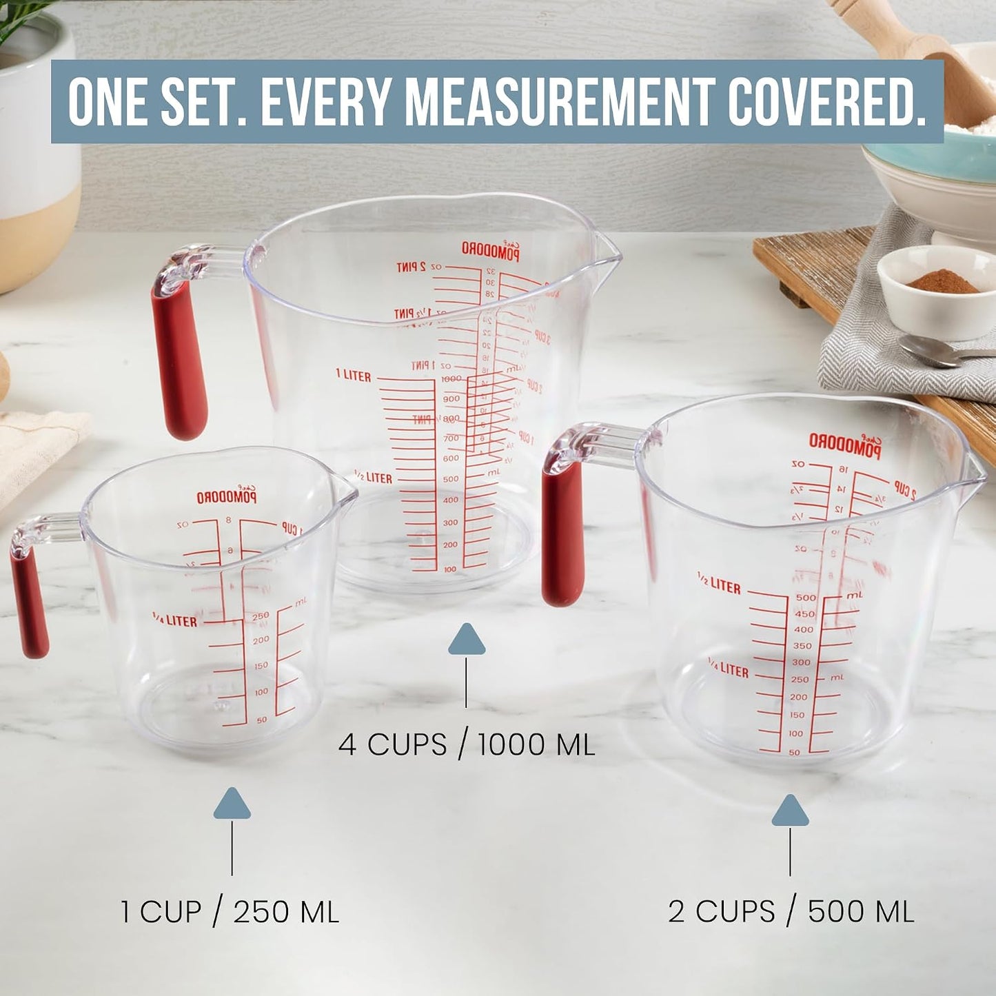 Chef Pomodoro 3-Piece Liquid Meausuring Cups Set - Ml and Oz Measuring Cup