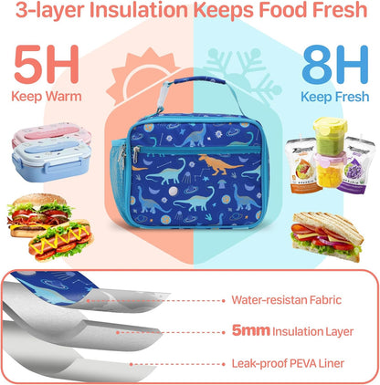 Kids Lunch Bag Boys - Insulated Kids Lunch Box Reusable Lunchbox with Water Bottle Holder Toddler Lunch Tote Bag for School Daycare, Black Dino Fossil