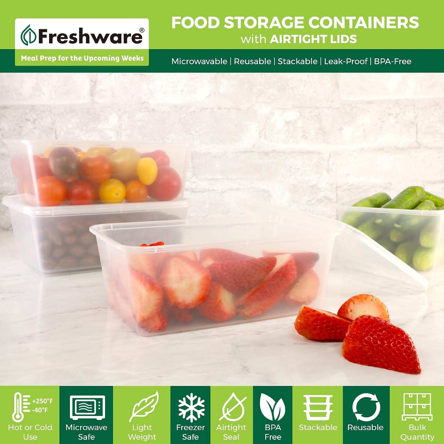 Freshware Food Storage Containers with Lids [60 Pack 8, 16, 32 oz, 20 sets each size] Plastic Deli Containers, Meal Prep Containers, Microwave and Freezer Safe, Stackable, Leakproof, BPA Free, Clear