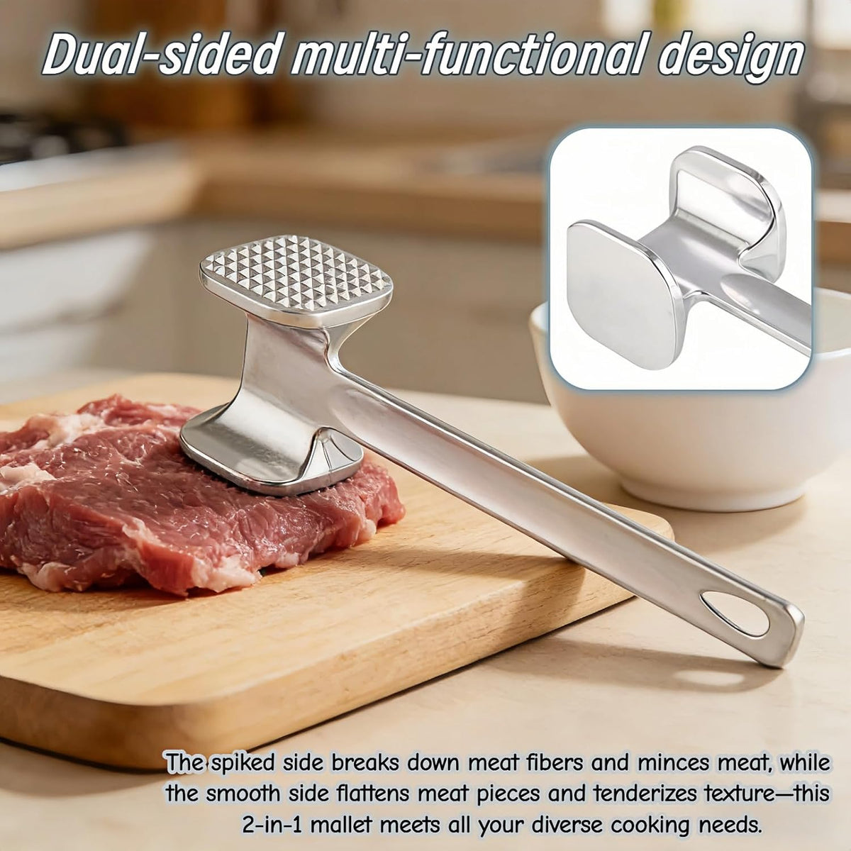Meat Tenderizer Tool – Double-Sided Heavy Duty Mallet for Steak, Beef, Fish – Ergonomic Non-Slip Handle, Rustproof Aluminum, Easy Hang Storage