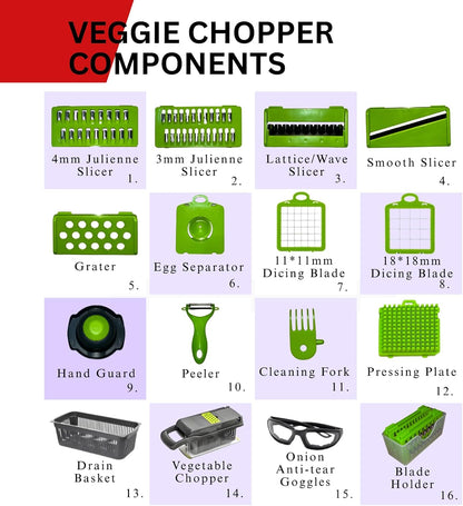 17 in 1 Vegetable Chopper Mandoline Slicer – All In One Veggie Cutter Food Grater Includes Onion Goggles, Egg Separator, Hand Guard – Sharp Stainless Steel Blades – 2 in 1 Drain Basket