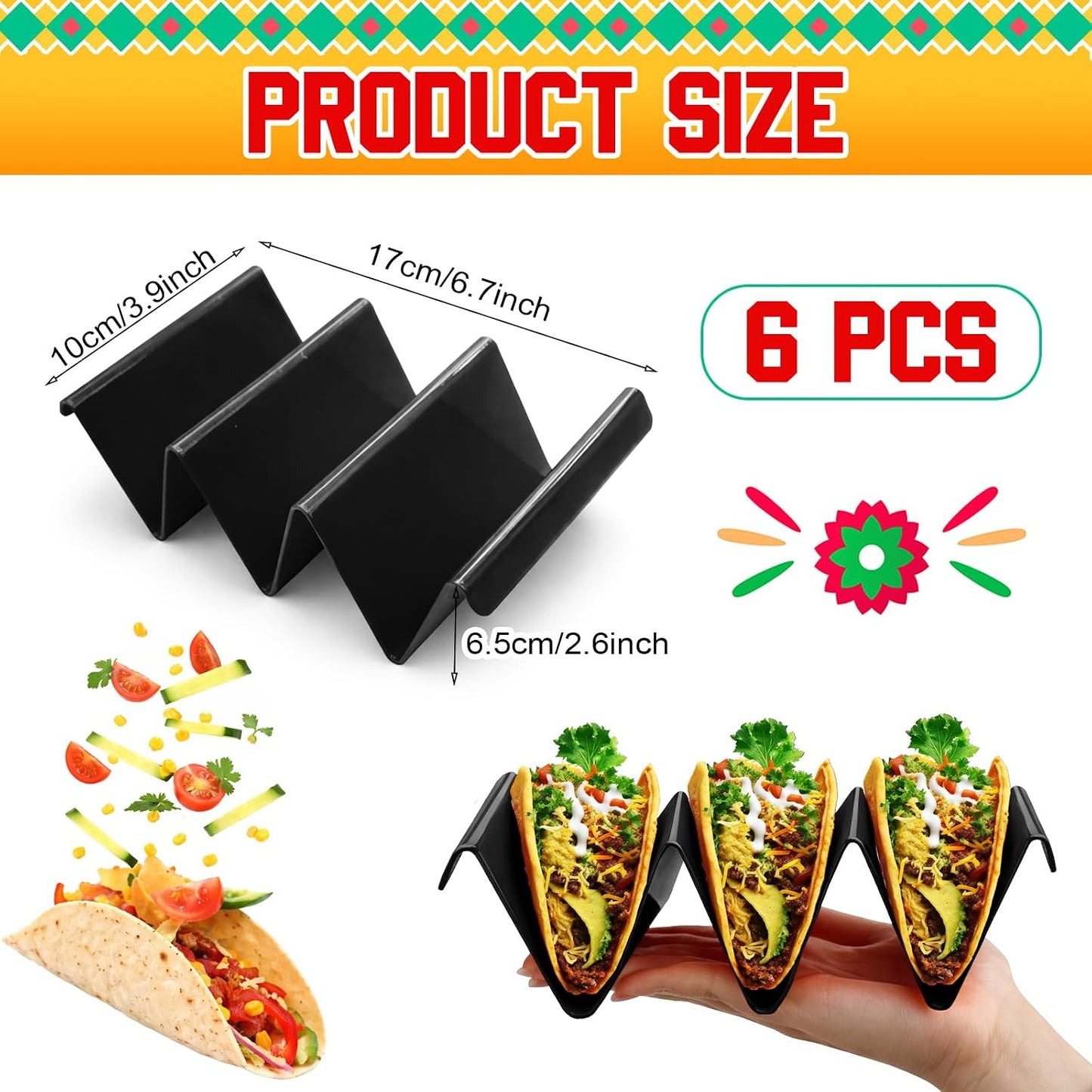 6 Pcs Taco Holder Stands Taco Tuesday Set, Holds Up to 3 Tacos, Premium PP Material Sturdy and Durable, Microwave or Dishwasher Top Rack (Yellow)