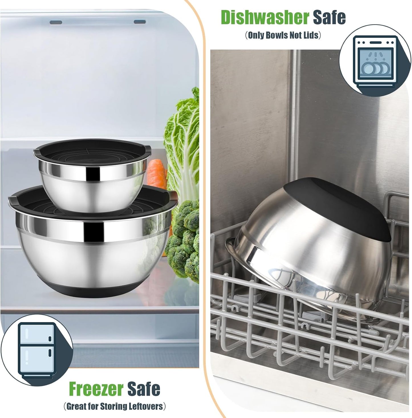 P&P CHEF Mixing Bowl with Lids Set of 3, Stainless Steel Nesting Salad Bowls for Serving Preparing, 3 Grater Attachments & Non-Slip Bottoms, Size 1.5/2.6/4.6 QT, Khaki