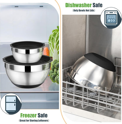 P&P CHEF Mixing Bowl with Lids Set of 3, Stainless Steel Nesting Salad Bowls for Serving Preparing, 3 Grater Attachments & Non-Slip Bottoms, Size 1.5/2.6/4.6 QT, Khaki