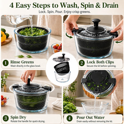 Large 5.2 Qt Glass Salad Spinner with Storage Lid Glass Bowl Black