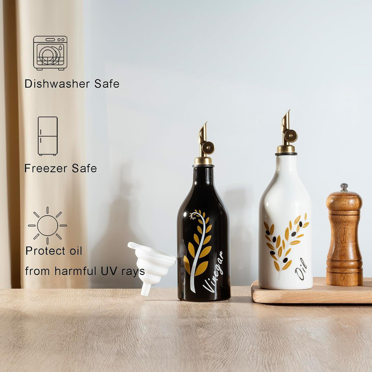 Oil and Vinegar Dispenser with Spout Set of 2, 13.5oz Olive Oil Dispenser Bottle for Kitchen Leakproof Oil Containers with Stainless Steel Pourer Suitable for Oil, Vinegar, Soy Sauce