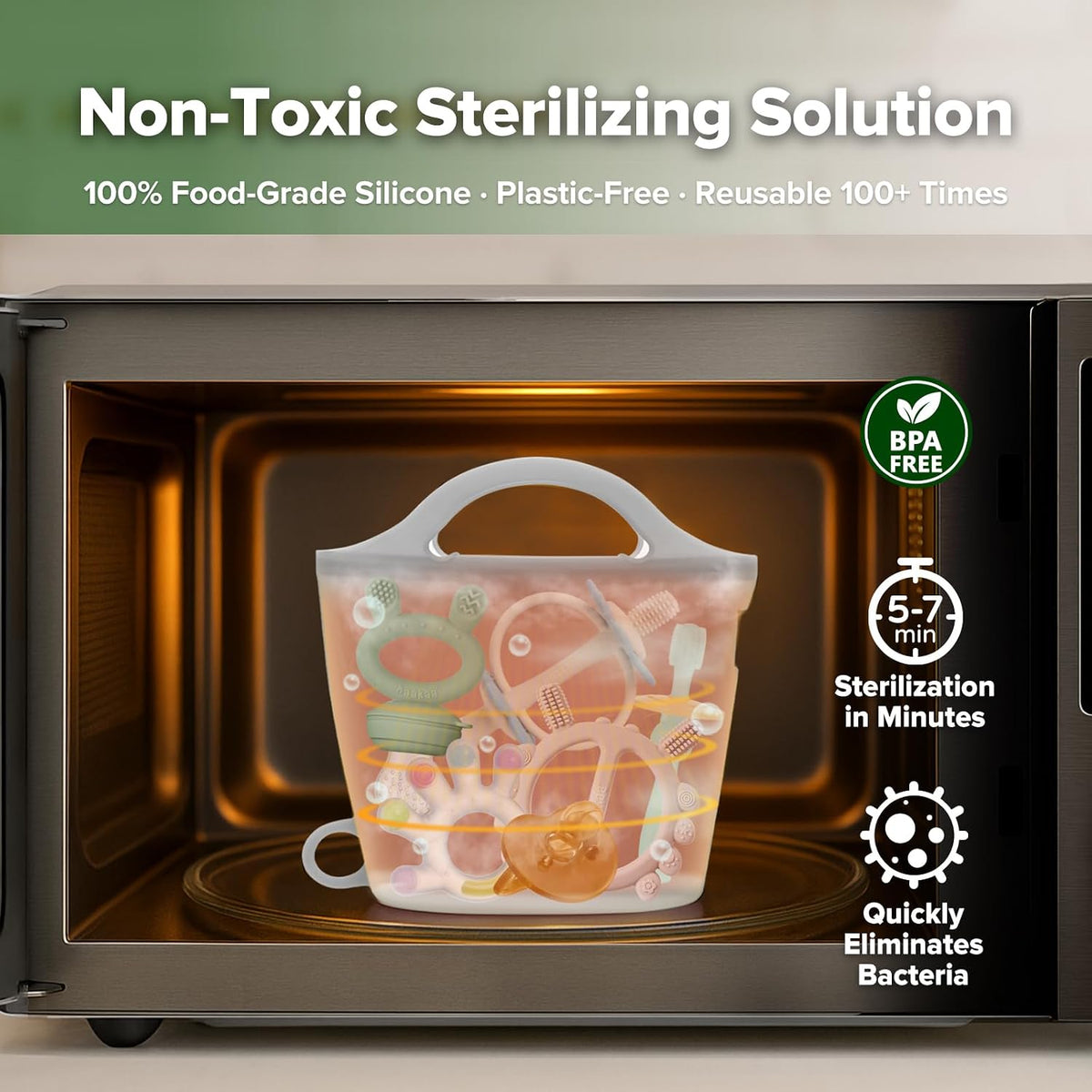 Haakaa Silicone Microwave Steamer & Steriliser Bag, 70oz/2000ml Large Capacity Reusable Steaming Bags for Baby Bottles, Breast Pump, Accessories, Pacifiers,Teethers, Great for Home&On The Go, Grey/1PC