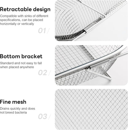 upgrade over the sink mesh colander expandable strainer stainless steel vegetable basket for kitchen sink (40 * 13 * 6.5cm)