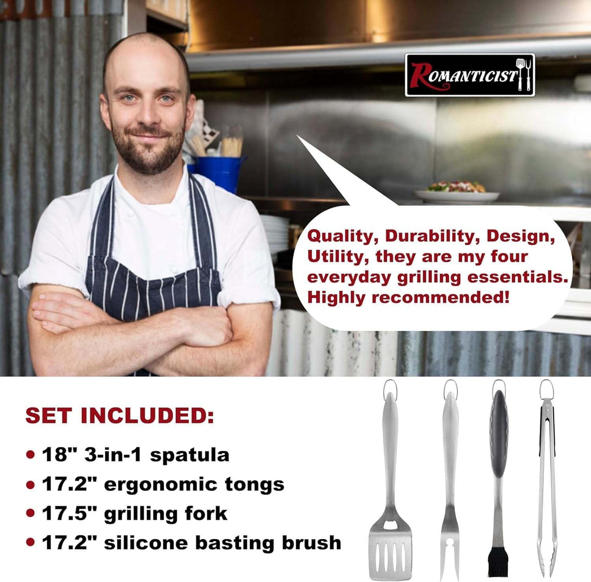 ROMANTICIST 4pc Heavy Duty Grill Accessories for Top Chef - Professional Grill Tools Set & Basic BBQ Tools for Backyard Restaurant Outdoor Kitchen - Deluxe Grill Gift for Dad on Father’s Day Christmas