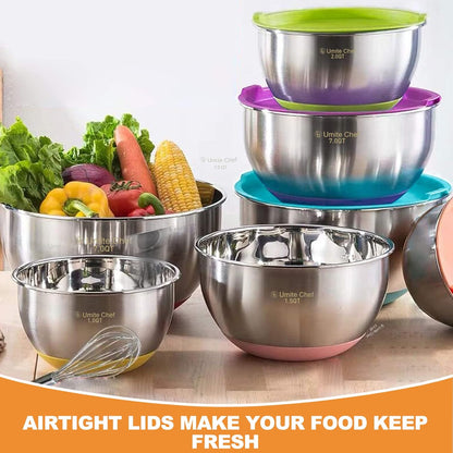 Umite Chef Mixing Bowls with Airtight Lids, 6 piece Stainless Steel Metal Nesting Storage Bowls, Non-Slip Bottoms Size 7, 3.5, 2.5, 2.0,1.5, 1QT, Great for Mixing & Serving (Khaki)