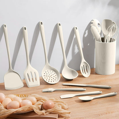 Homikit Silicone Cooking Utensil Set, 15pcs Kitchen Utensils with Holder for Nonstick Cookware, Heat Resistant Nontoxic Silicone Spatula Set Dishwasher Safe Kitchen Tools for Baking-Black