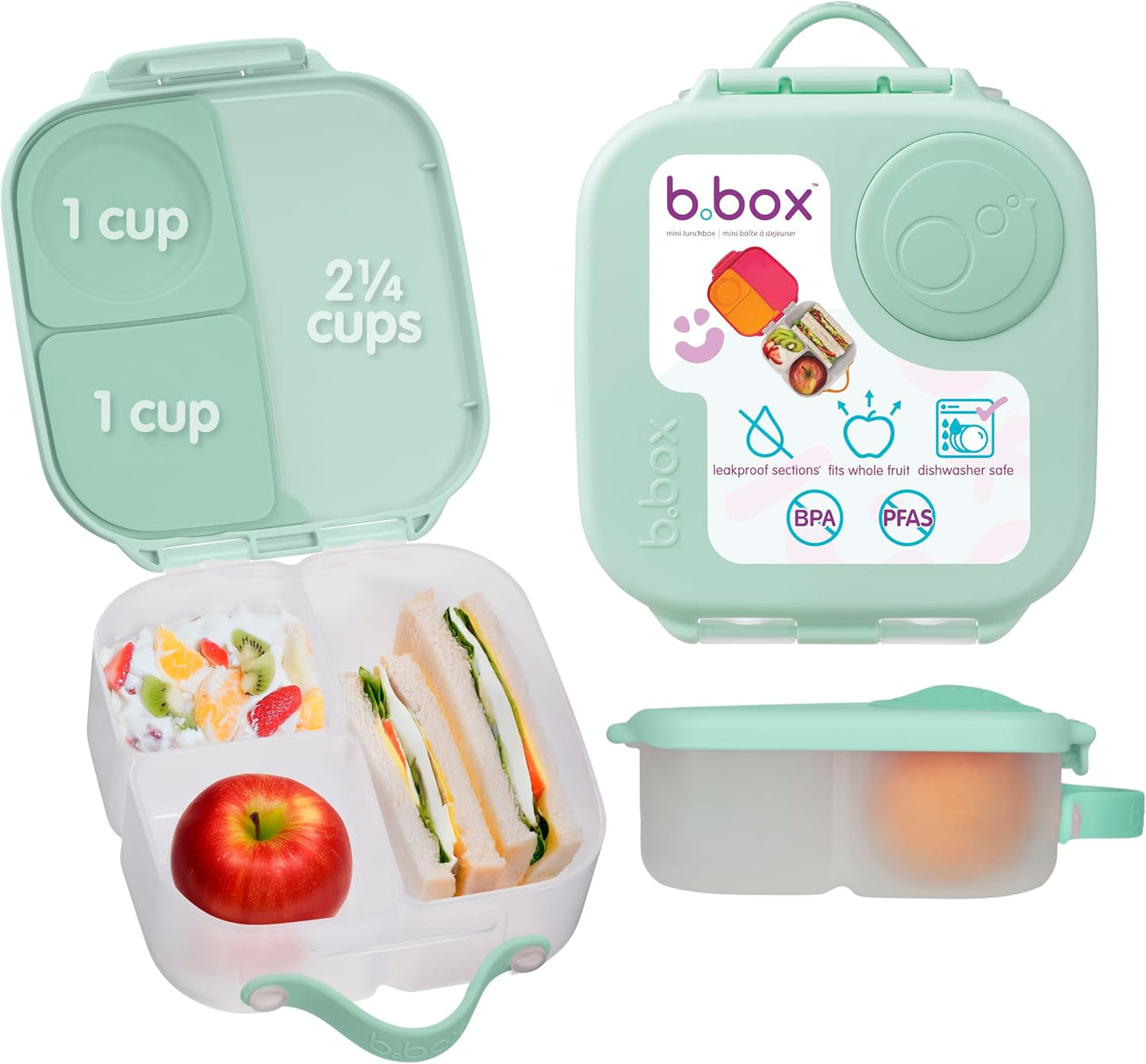 b.box Mini Lunch Box 2-Pack, Leak Proof Bento Box for Kids, 3 Compartment Snack Containers Ages 3+, Lunchbox for Daycare + School, Dishwasher Safe, BPA-Free, PFAS-Free, 4.25 Cup - Blue + Green