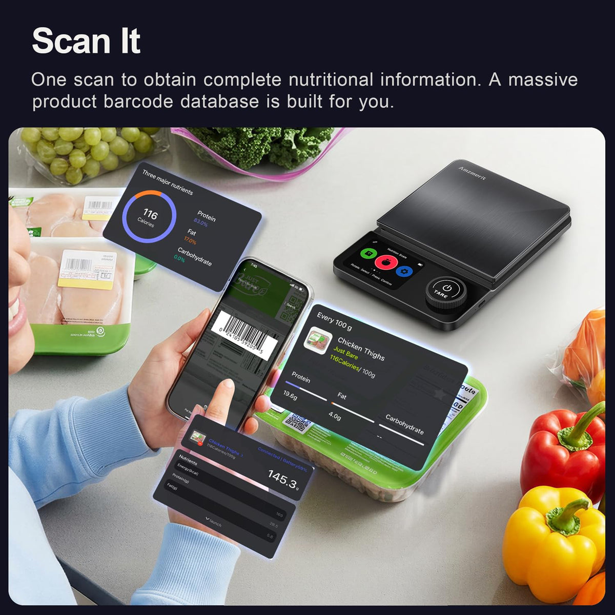 Smart Food Scale with Nutritional Calculator, USB Charging, 11lb
