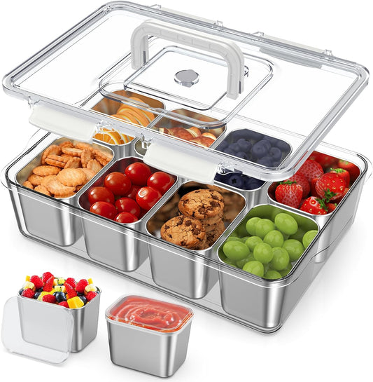 Snackle Box Container with 8 Removable Stainless Steel Containers – Clear Divided Serving Snack Tray with Lid & Handle – Leak-Proof for Wet/Dry Food – Perfect for Parties, Travel, Office