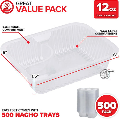 12oz Plastic Nacho Trays (100 Pack) Small Disposable Tray for Nachos & Cheese Dip, Concession Stand Supplies, Movie Night Snacks for Kids, Carnival Party Decorations, Food Boats, Snack Containers…