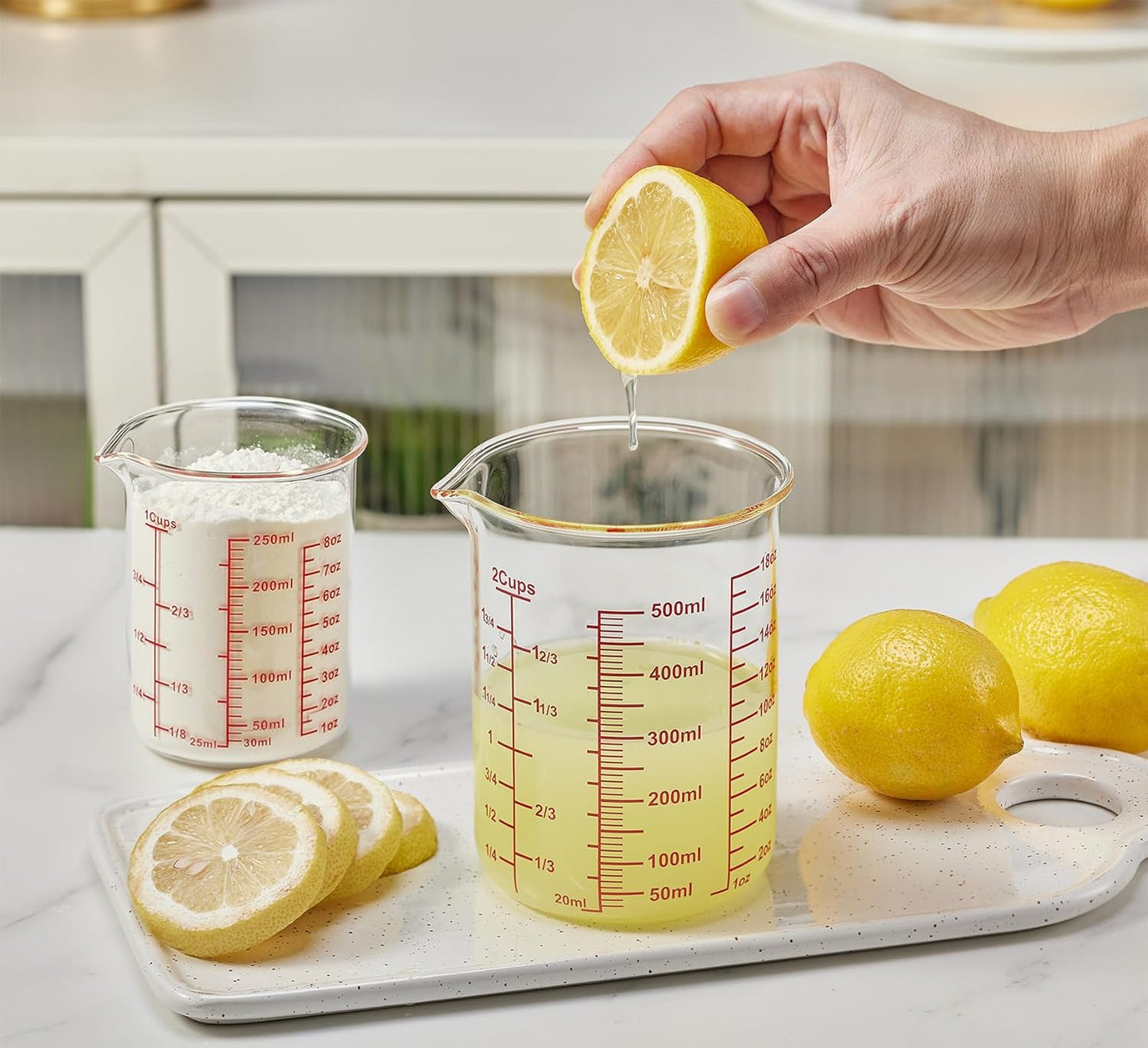 3 Piece Glass Measuring Cup Set, Includes 1/2-Cup, 1-Cup, and 2-Cup High Borosilicate Glasss Liquid Measuring Cups, Dishwasher, Freezer, Microwave, and Preheated Oven Safe, Essential Kitchen Tools