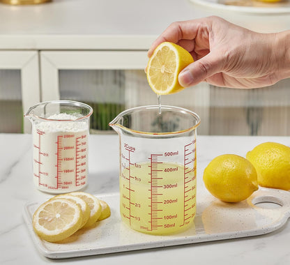 3 Piece Glass Measuring Cup Set, Includes 1/2-Cup, 1-Cup, and 2-Cup High Borosilicate Glasss Liquid Measuring Cups, Dishwasher, Freezer, Microwave, and Preheated Oven Safe, Essential Kitchen Tools