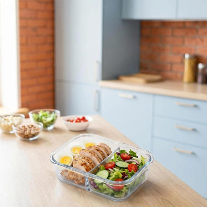 Glass Food Storage Containers with Lids, Compartment Meal Prep Containers, Airtight Leak Proof, Oven and Freezer Safe, Rectangular