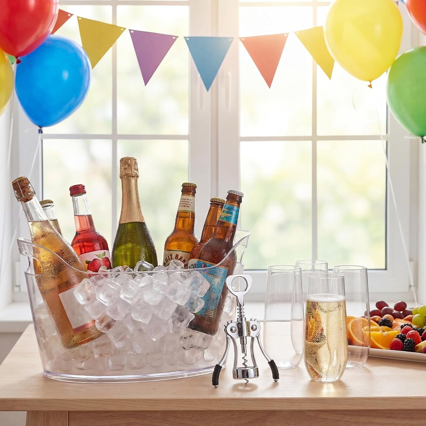 4 Pack 6.5L Clear Ice Buckets for Parties, Large Plastic Beverage Tub Set with Scoops, Champagne Flutes & Wine Opener, Portable Drink Cooler Champagne Bucket for Beer & Mimosa Bar Supplies