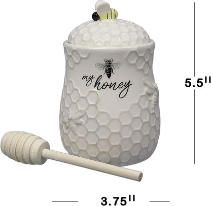 Young's Inc. Ceramic Honey Jar with Lid and Wooden Honey Dipper - Farmhouse Kitchen Decor - Tea Accessories