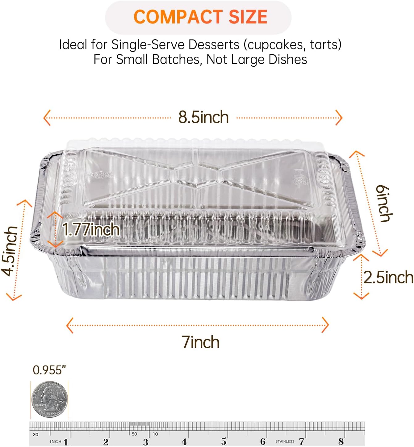 Aluminum Pans with Clear Lids - 50 Pack 2.25LB Capacity Disposable Pans with Plastic Dome Lids, 8.5”x6” Heavy Duty Tin Foil Pans for Cake Baking, Cooking, Heating, Storing, Prepping Food