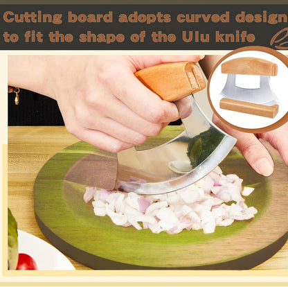 Mezzaluna Chopping Board,Double-sided Acacia Slicing/Serving Charcuterie Board, 8 inch Recessed Round Cutting Board For Efficient Mincing Nuts Veggies n Cheese
