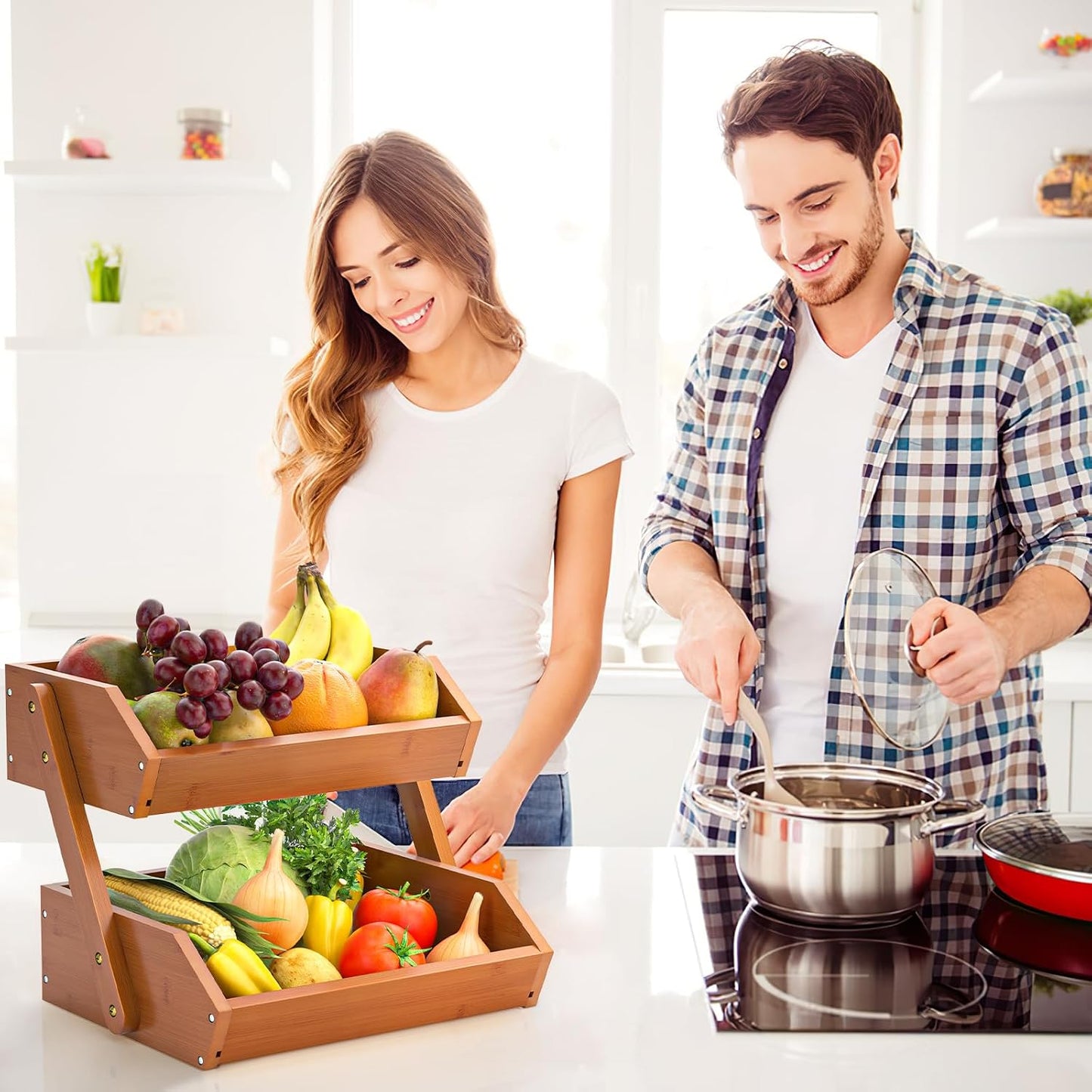 G.a HOMEFAVOR Large Bamboo Fruit Basket, 2-Tier Fruit Bowl for Kitchen Counter, Vegetable Storage Stand for Fruit Shop, 15 mm Thickness (Self-assembly)
