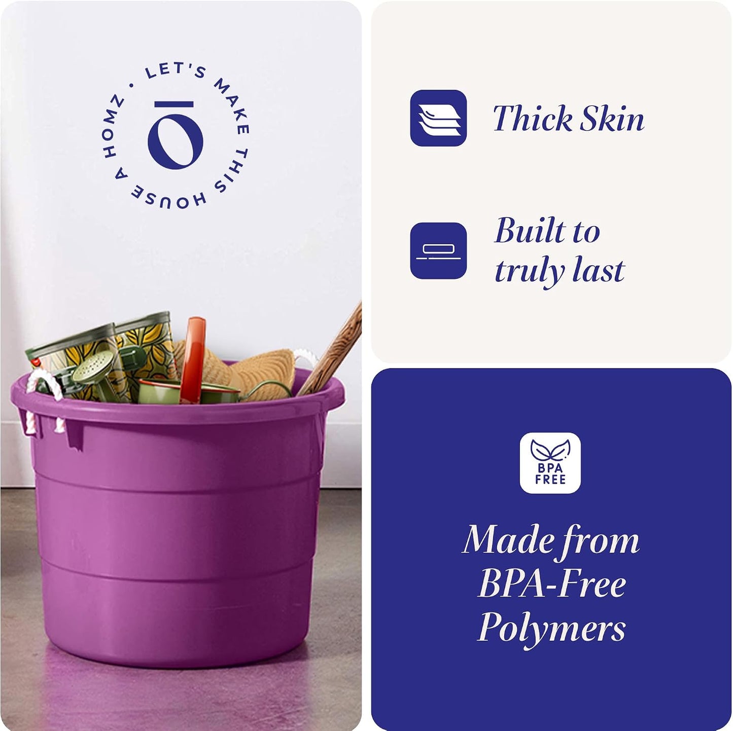 HOMZ 2-Pack Utility Tub, Large Plastic Storage Bucket with Rope Handles, 17 Gallon, Black - Portable Indoor and Outdoor Buckets for Kitchen, Laundry, Garden, Bathroom, and Garage Organization