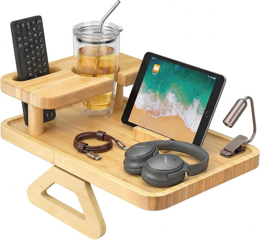Premium Bamboo Sofa Arm Tray with 360° Swivel Lid & Phone Holder | 3-in-1 Couch Armrest Table with Hidden Storage for Drinks, Snacks, Remote (lid)