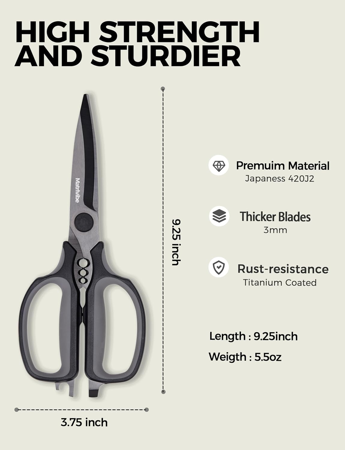 Heavy Duty Kitchen Shears, All Purpose Herb and Kitchen Scissors for food,Japanese 420J2 Stainless Steel,Titanium Coated, Detachable Blades and Soft TPR Handle,Dishwasher Safe